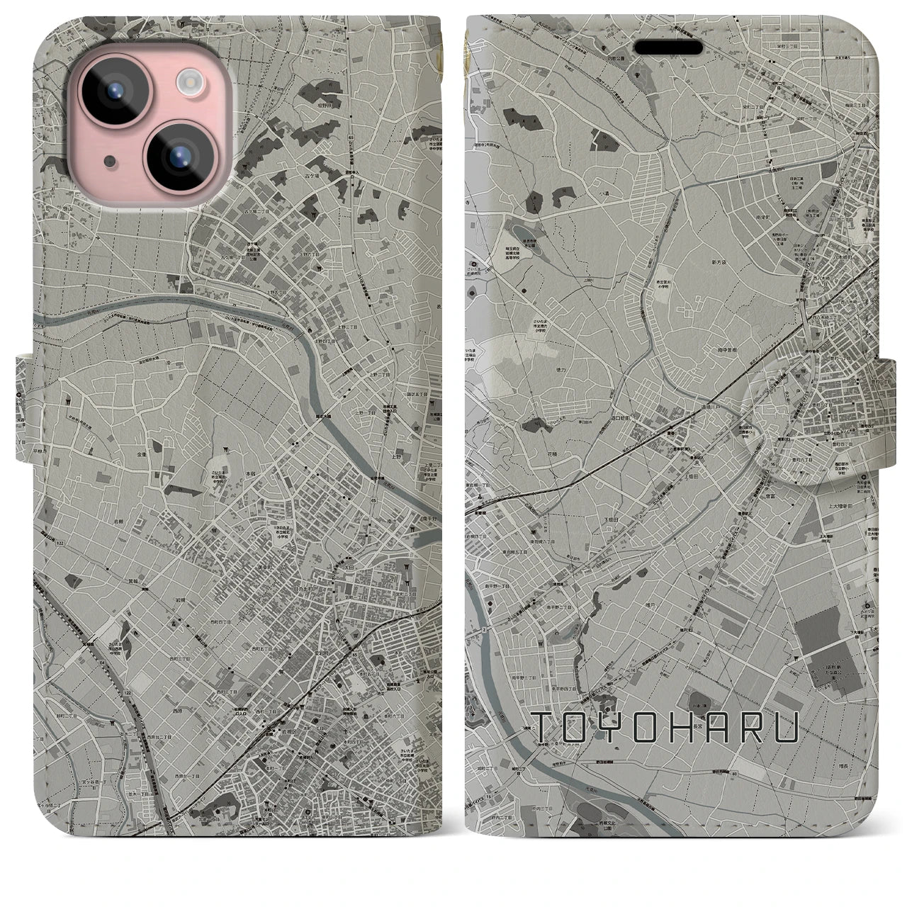 【豊春(埼玉県)】地図柄iPhoneケース(手帳タイプ)モノトーン・iPhone 15 Plus 用