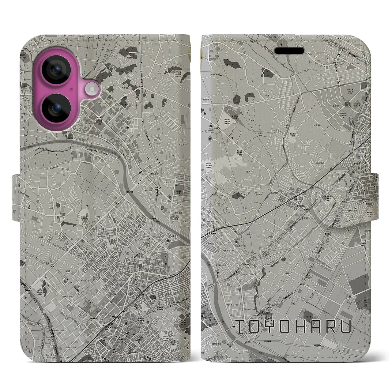 【豊春(埼玉県)】地図柄iPhoneケース(手帳タイプ)モノトーン・iPhone 16 Pro 用