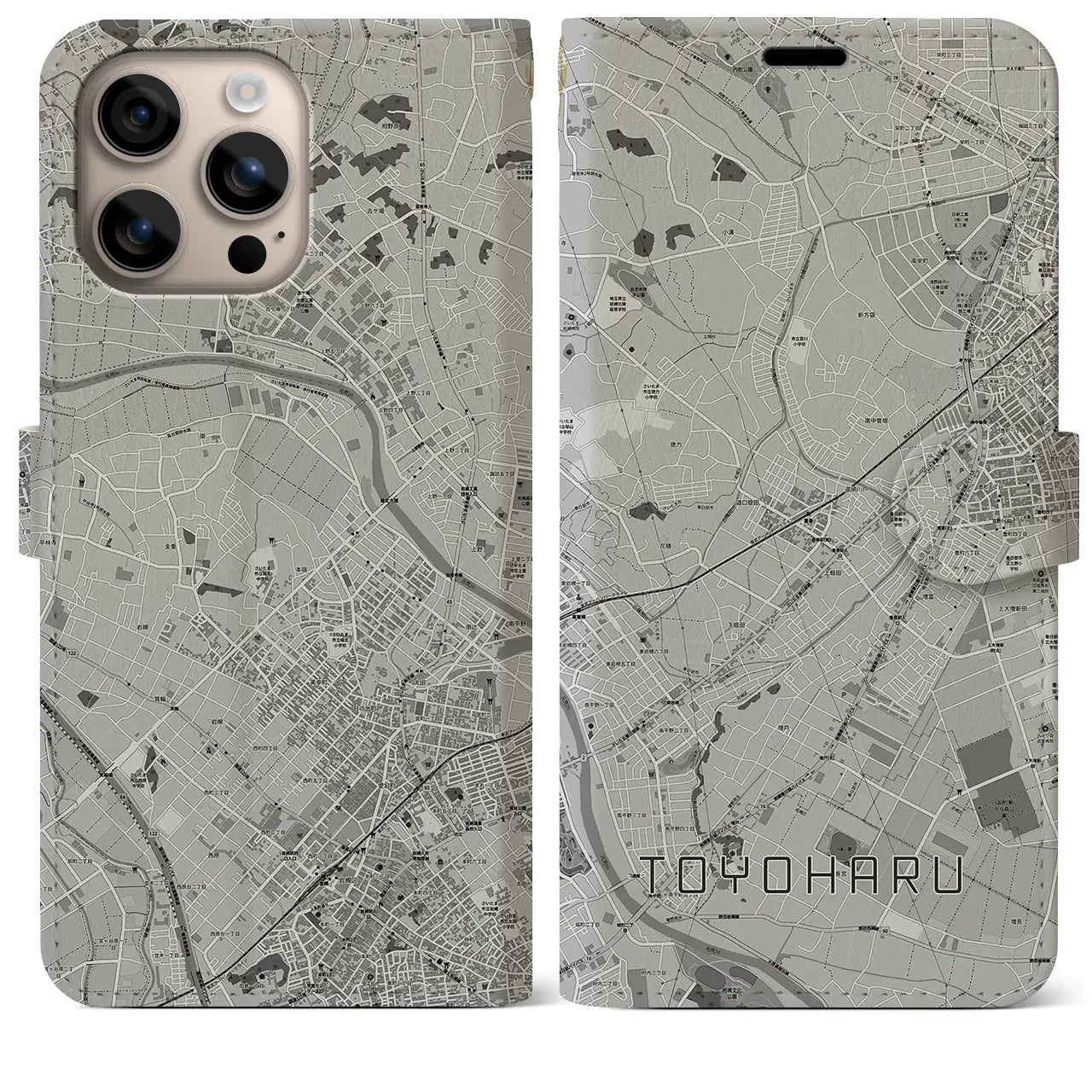 【豊春(埼玉県)】地図柄iPhoneケース(手帳タイプ)モノトーン・iPhone 16 Plus 用