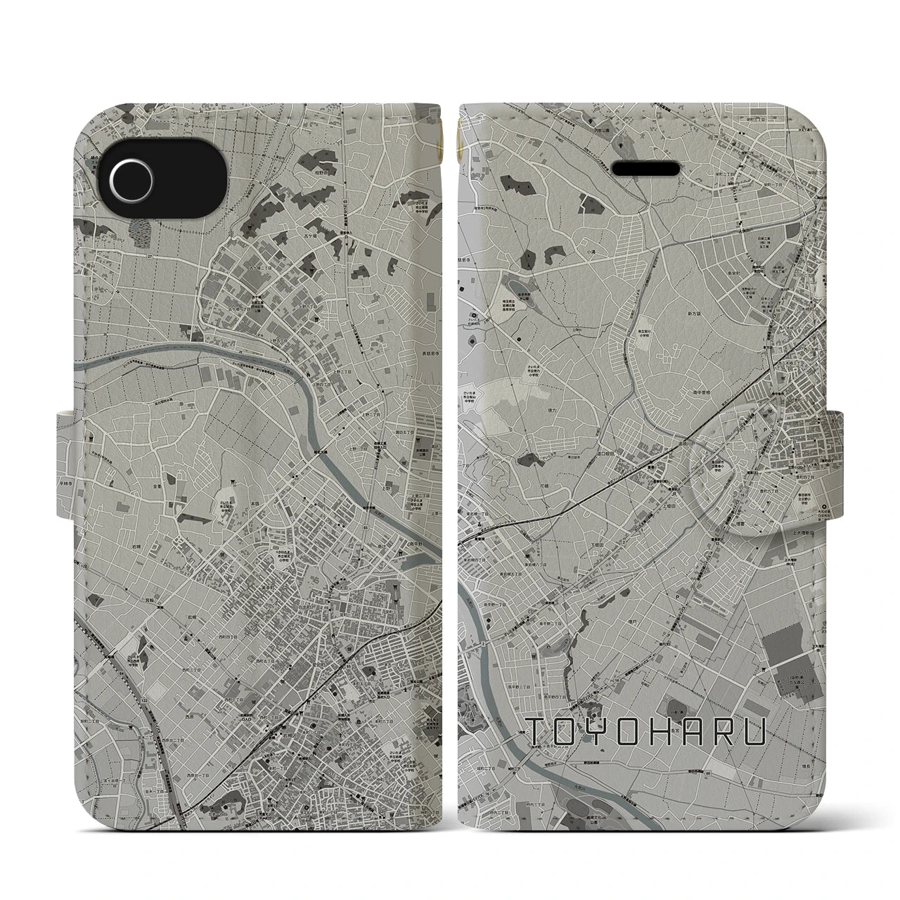【豊春(埼玉県)】地図柄iPhoneケース(手帳タイプ)モノトーン・iPhone SE(第3 / 第2世代) / 8 / 7 / 6s / 6 用