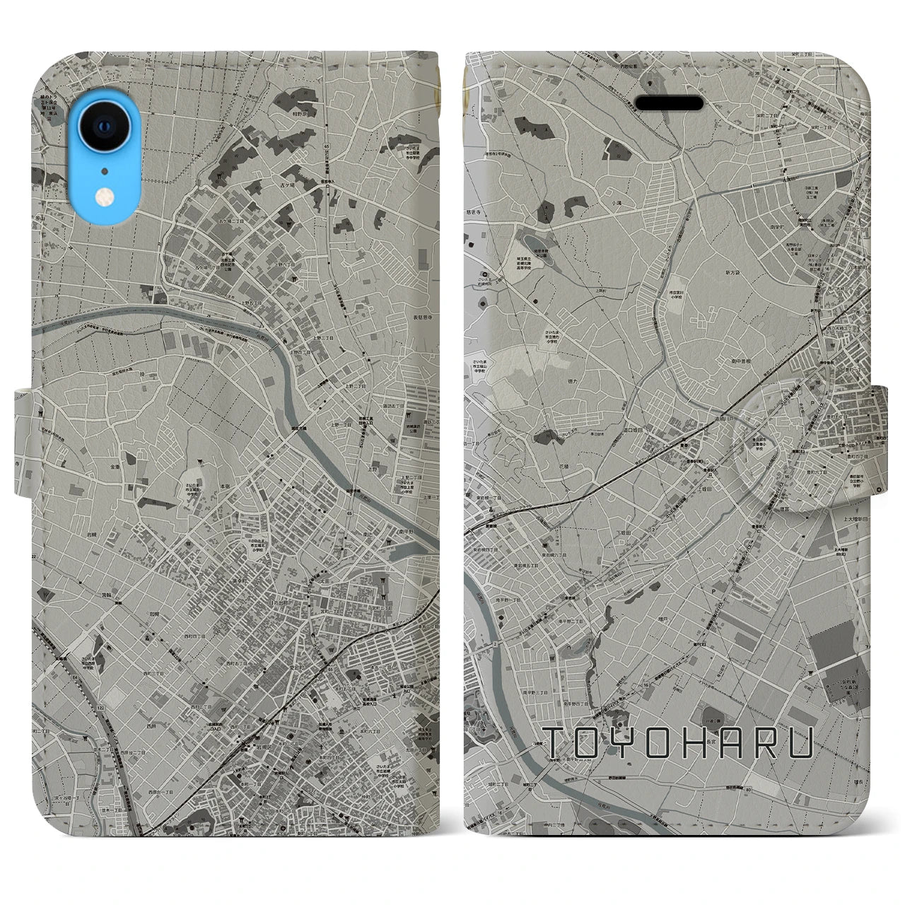 【豊春(埼玉県)】地図柄iPhoneケース(手帳タイプ)モノトーン・iPhone XR 用