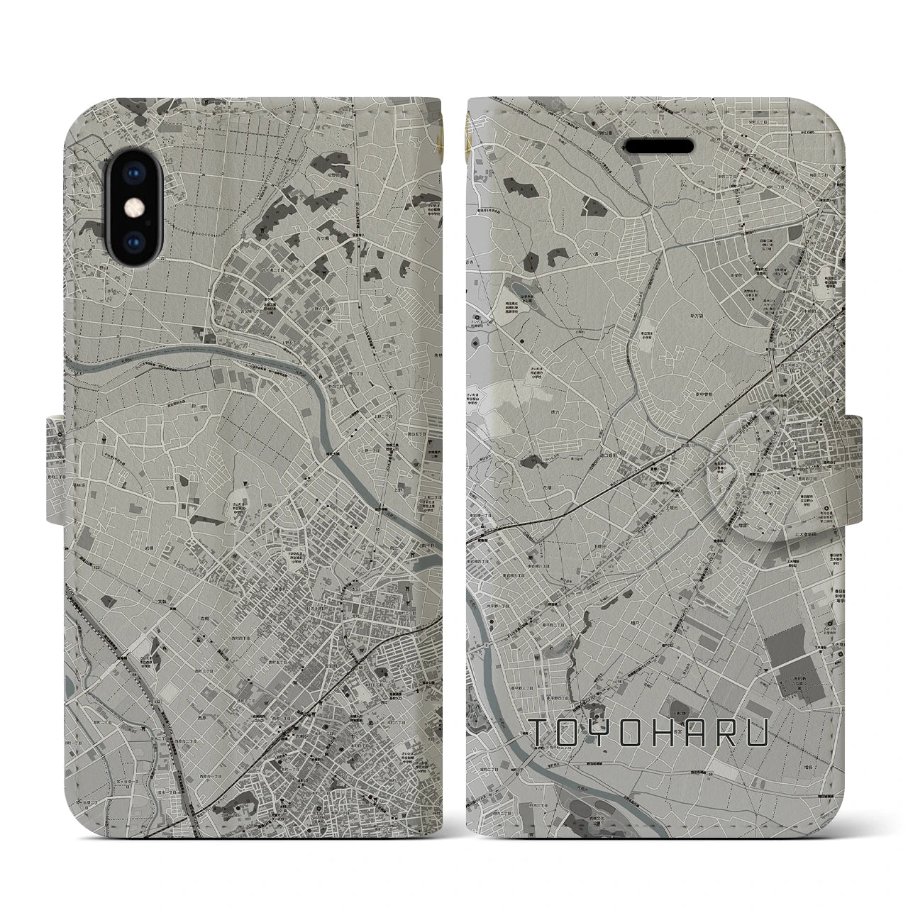 【豊春(埼玉県)】地図柄iPhoneケース(手帳タイプ)モノトーン・iPhone XS / X 用