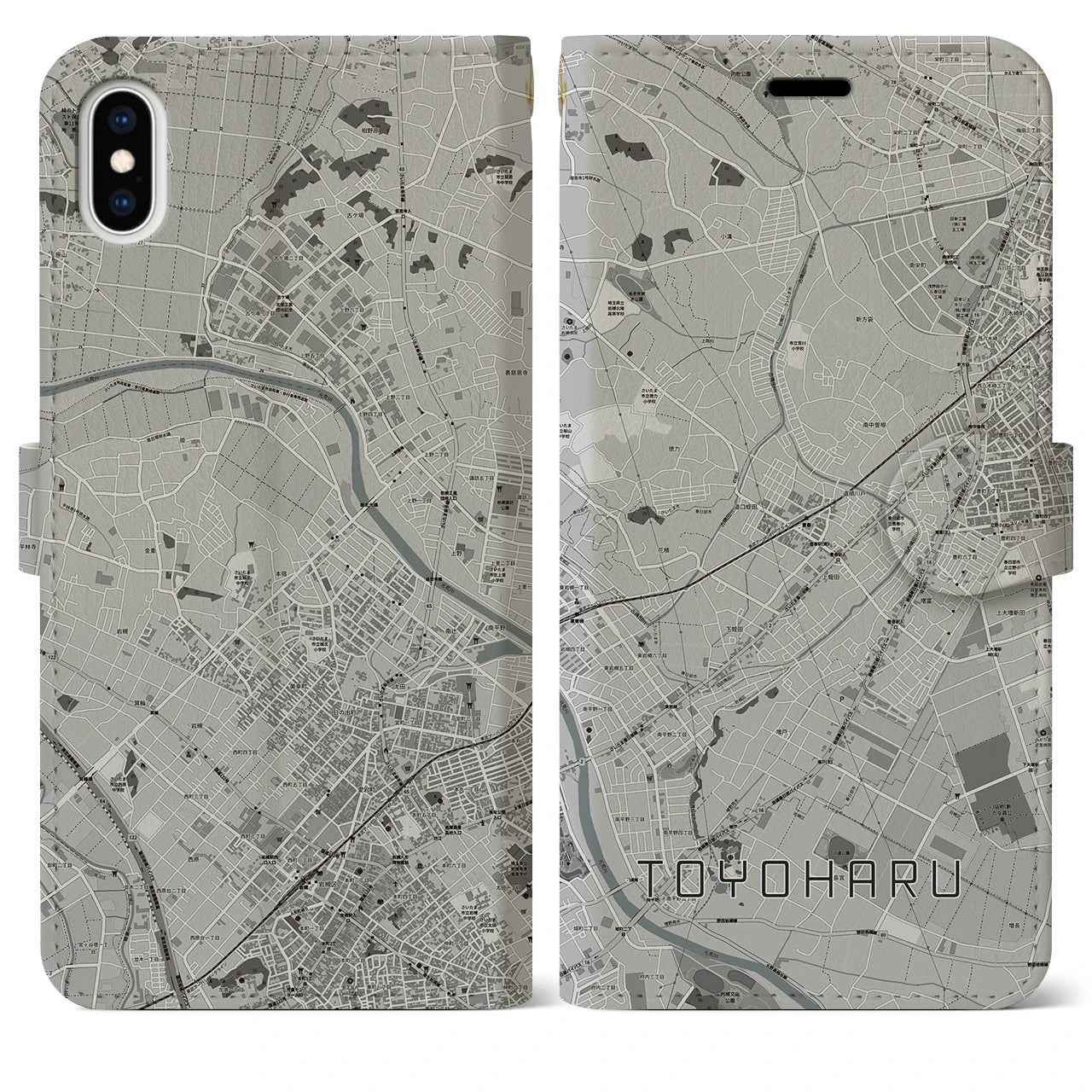 【豊春(埼玉県)】地図柄iPhoneケース(手帳タイプ)モノトーン・iPhone XS Max 用