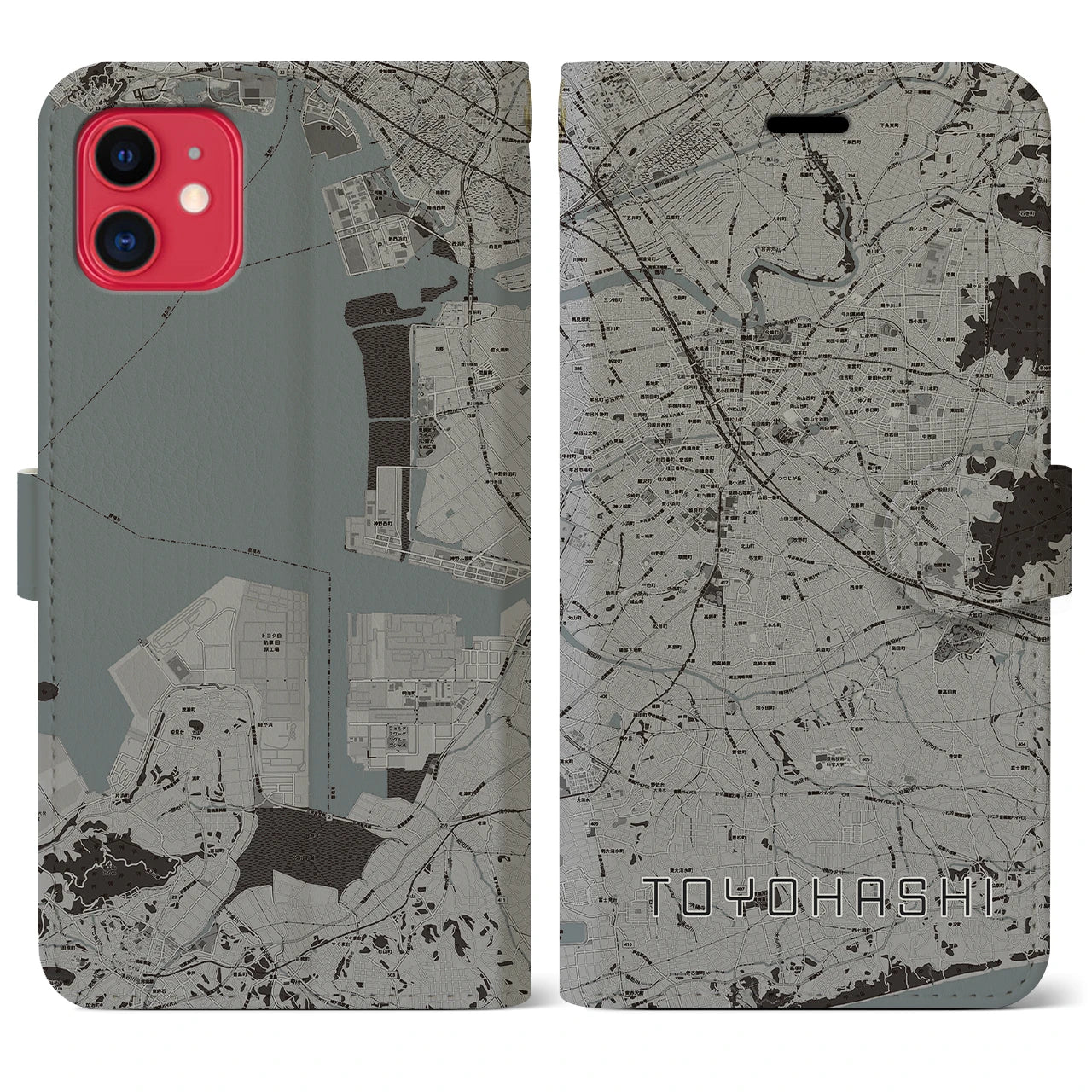 【豊橋(愛知県)】地図柄iPhoneケース(手帳タイプ)モノトーン・iPhone 11 用