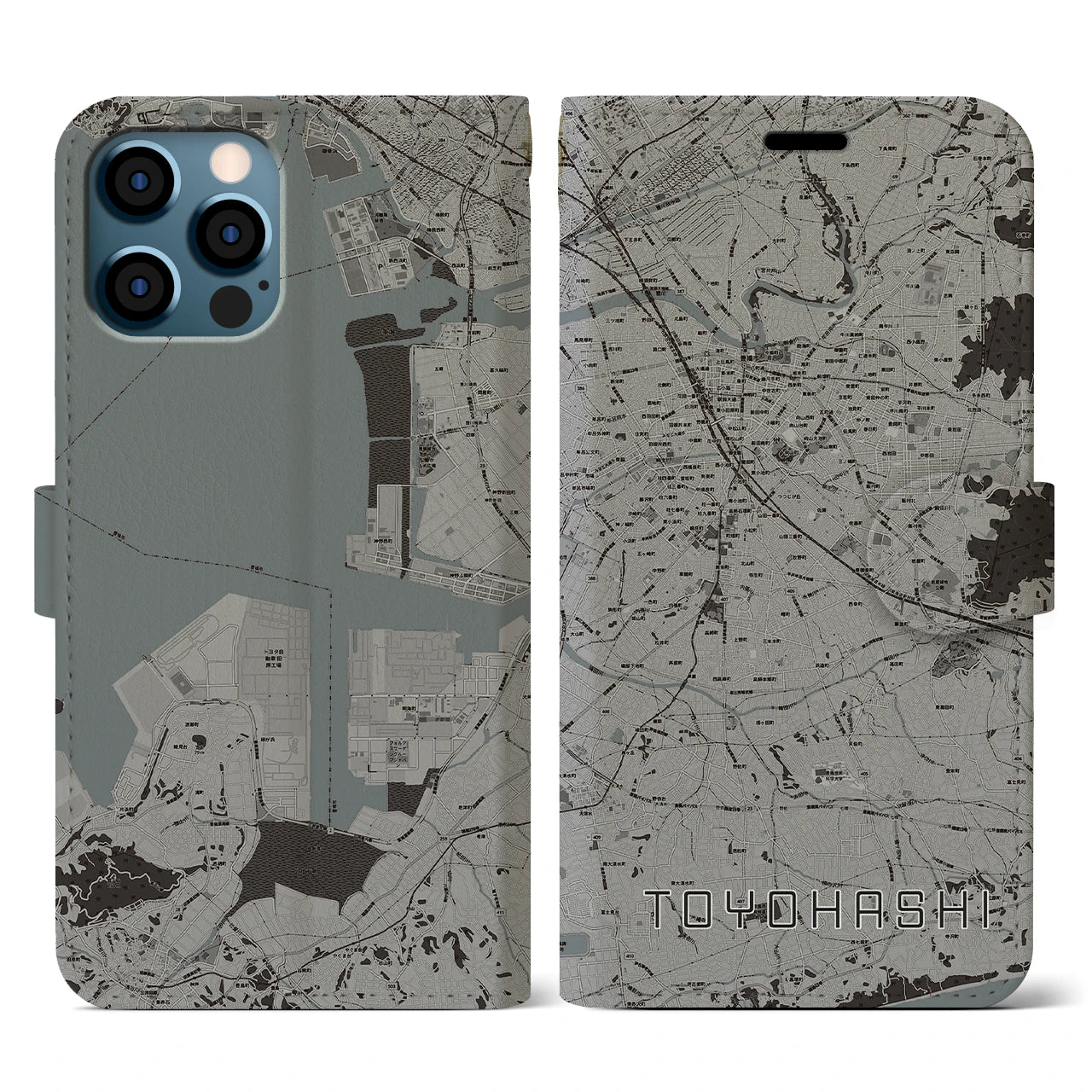 【豊橋(愛知県)】地図柄iPhoneケース(手帳タイプ)モノトーン・iPhone 12 / 12 Pro 用