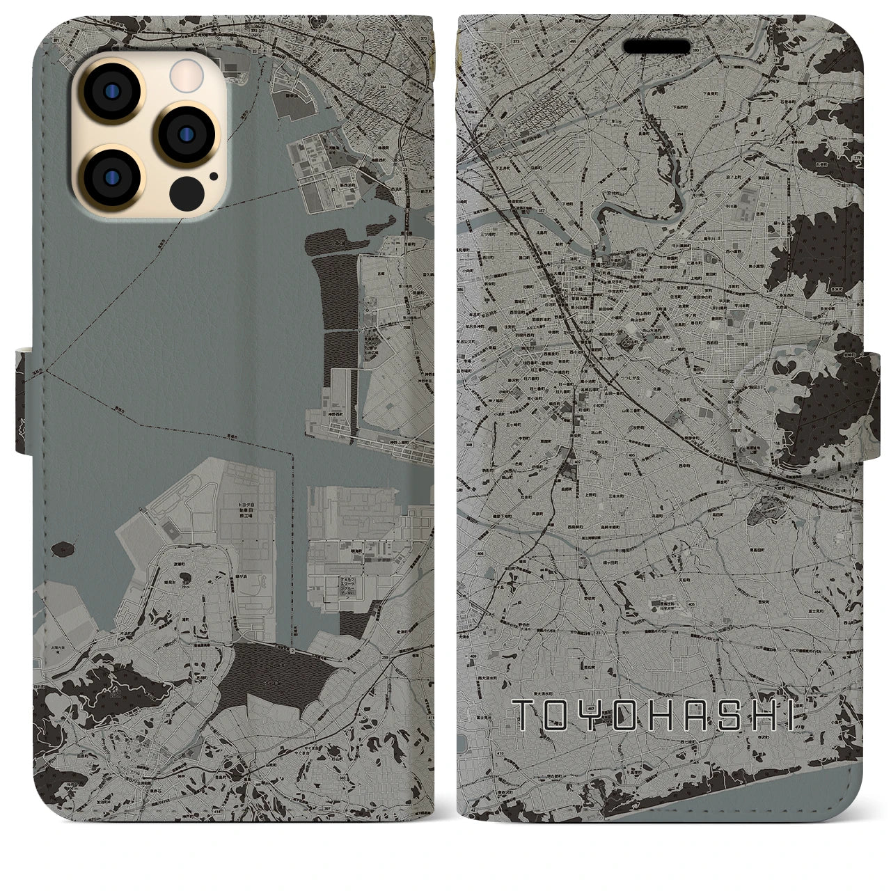 【豊橋(愛知県)】地図柄iPhoneケース(手帳タイプ)モノトーン・iPhone 12 Pro Max 用