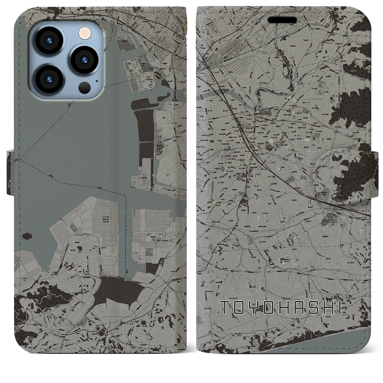 【豊橋(愛知県)】地図柄iPhoneケース(手帳タイプ)モノトーン・iPhone 13 Pro Max 用