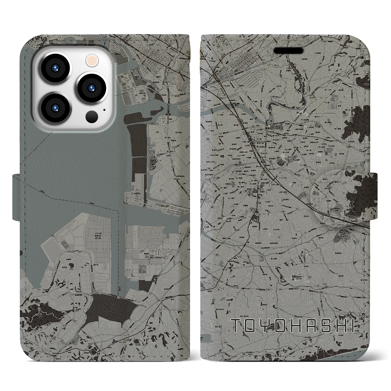 【豊橋(愛知県)】地図柄iPhoneケース(手帳タイプ)モノトーン・iPhone 13 Pro 用