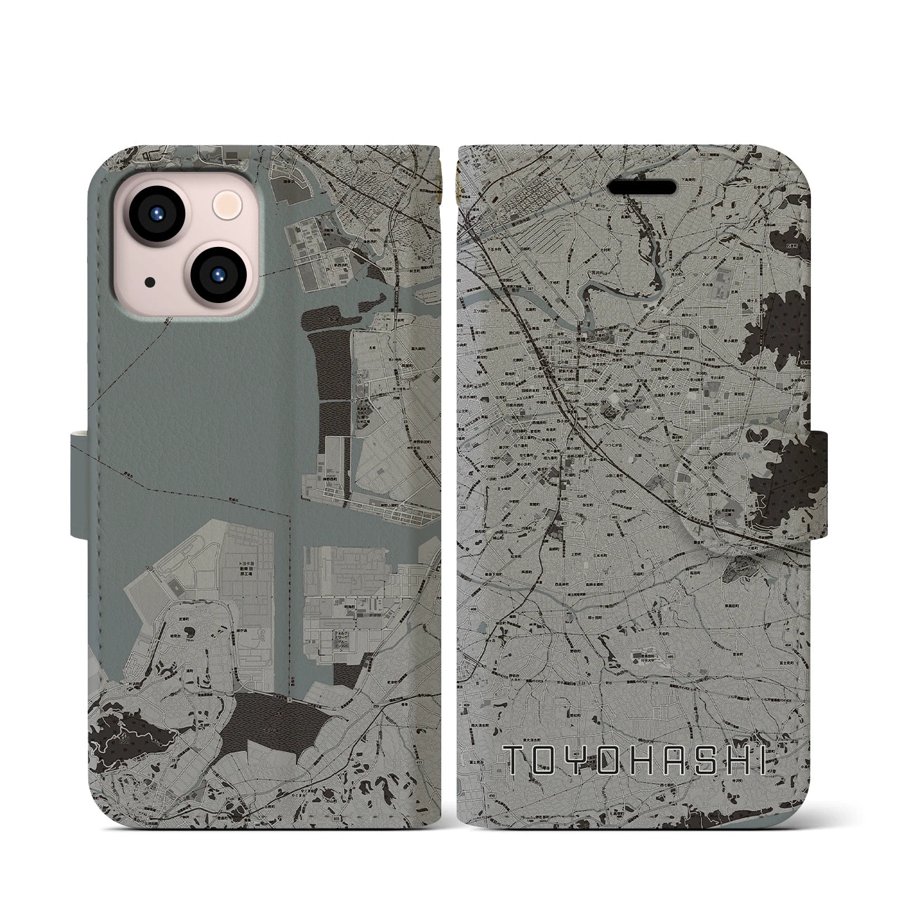 【豊橋(愛知県)】地図柄iPhoneケース(手帳タイプ)モノトーン・iPhone 13 mini 用