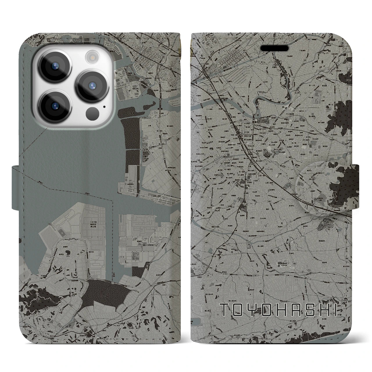 【豊橋(愛知県)】地図柄iPhoneケース(手帳タイプ)モノトーン・iPhone 14 Pro 用