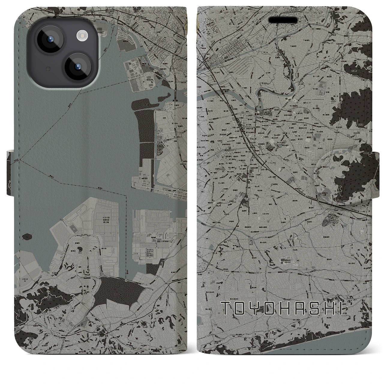 【豊橋(愛知県)】地図柄iPhoneケース(手帳タイプ)モノトーン・iPhone 14 Plus 用