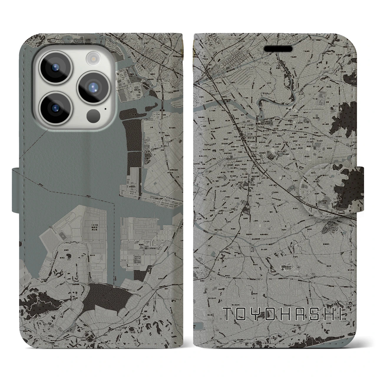 【豊橋(愛知県)】地図柄iPhoneケース(手帳タイプ)モノトーン・iPhone 15 Pro 用