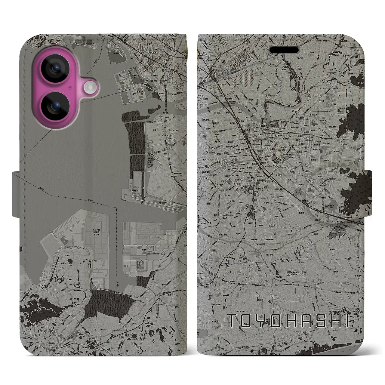 【豊橋(愛知県)】地図柄iPhoneケース(手帳タイプ)モノトーン・iPhone 16 Pro 用