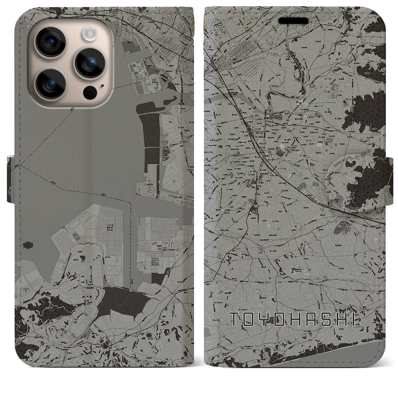 【豊橋(愛知県)】地図柄iPhoneケース(手帳タイプ)モノトーン・iPhone 16 Plus 用