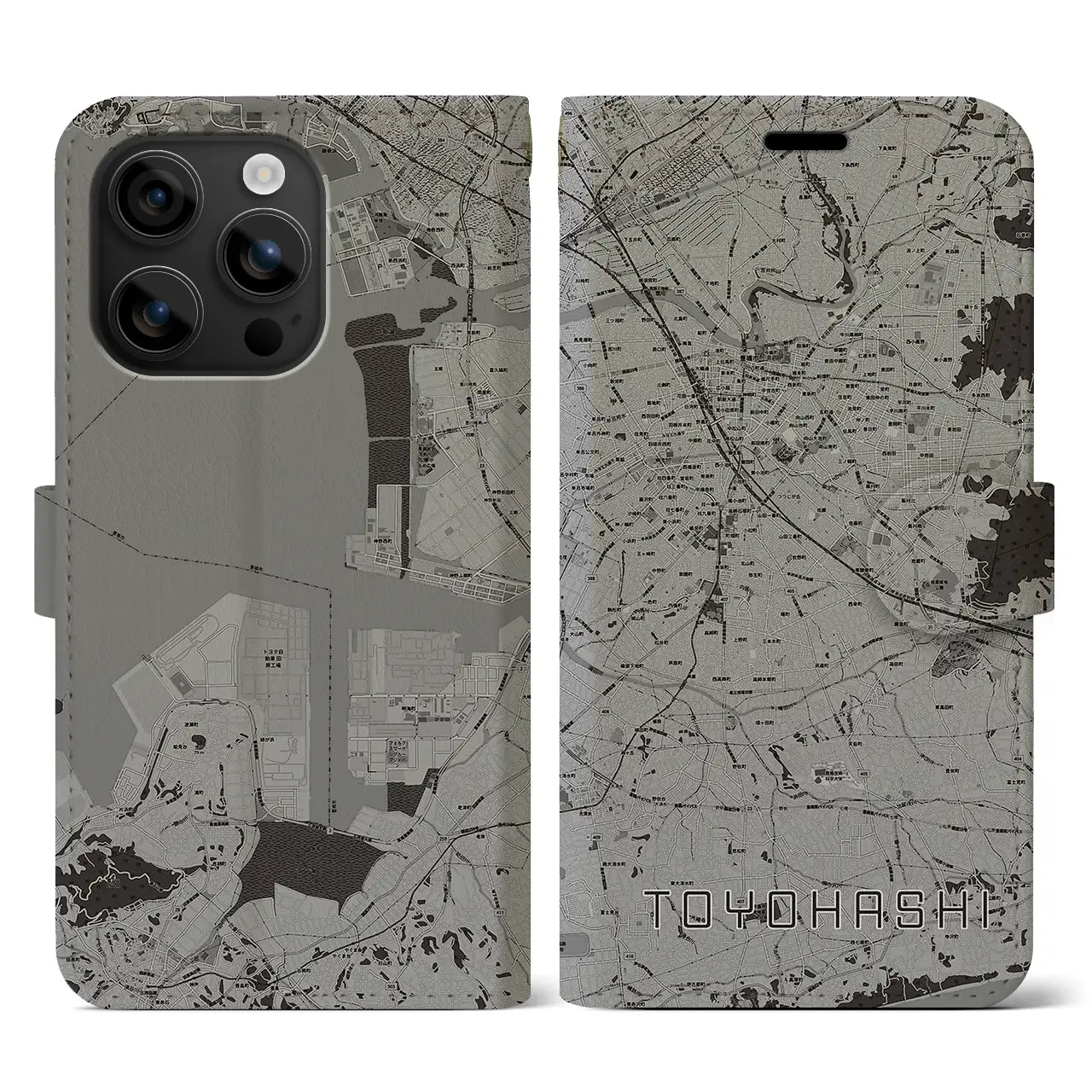 【豊橋(愛知県)】地図柄iPhoneケース(手帳タイプ)モノトーン・iPhone 16 用