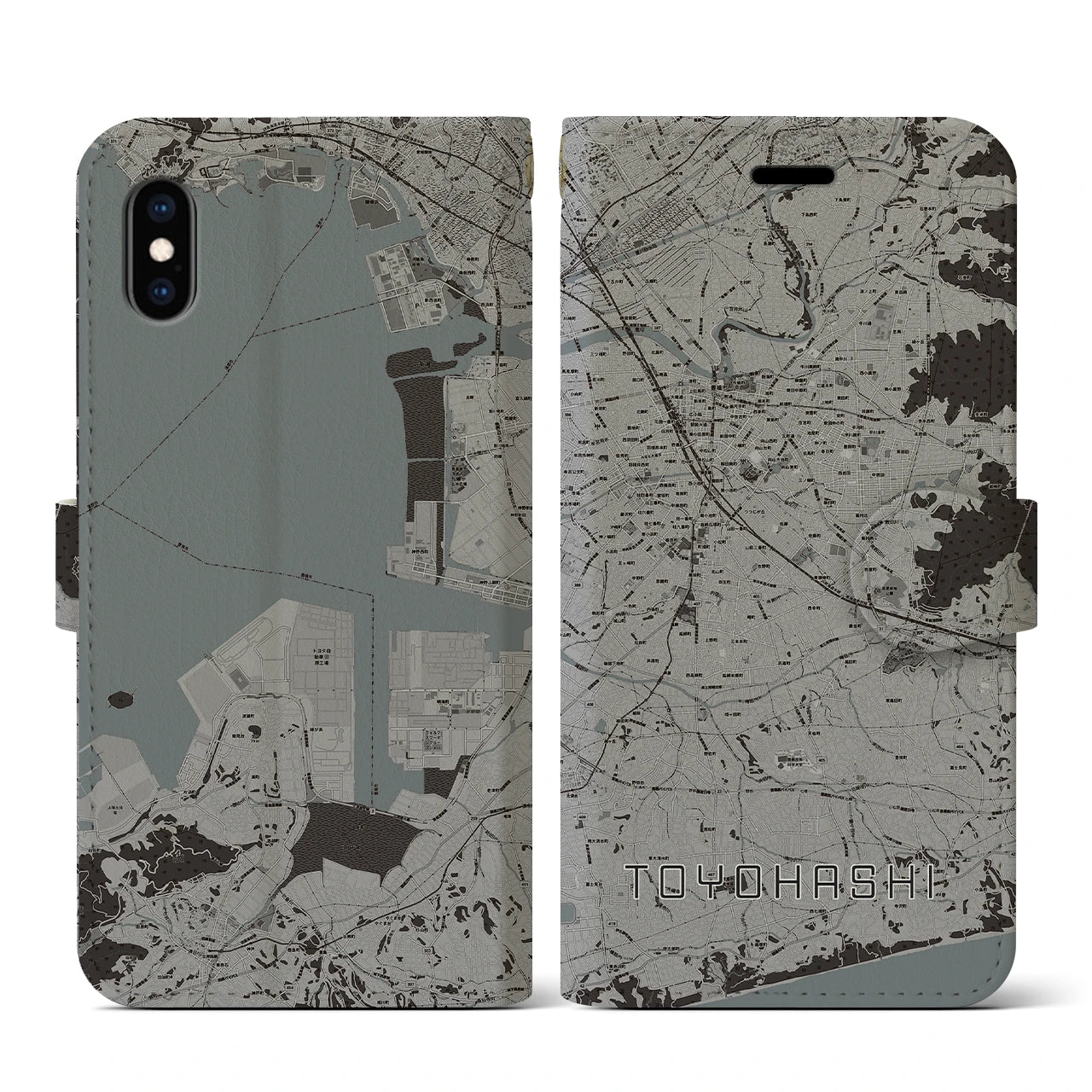 【豊橋(愛知県)】地図柄iPhoneケース(手帳タイプ)モノトーン・iPhone XS / X 用