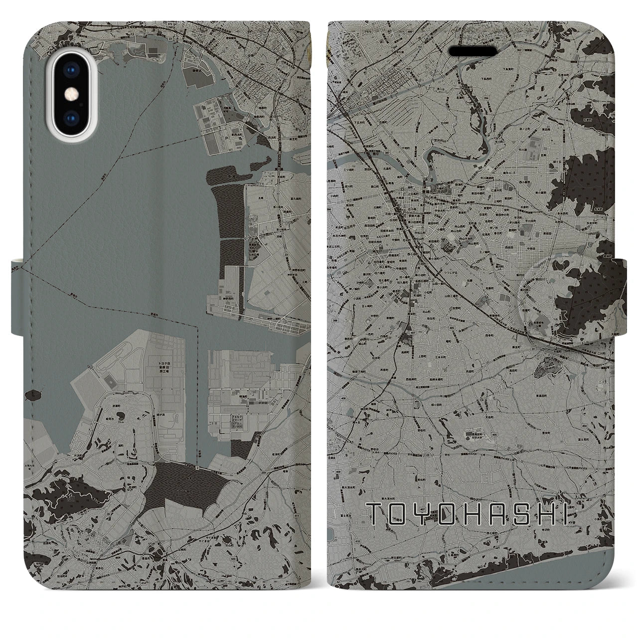 【豊橋(愛知県)】地図柄iPhoneケース(手帳タイプ)モノトーン・iPhone XS Max 用