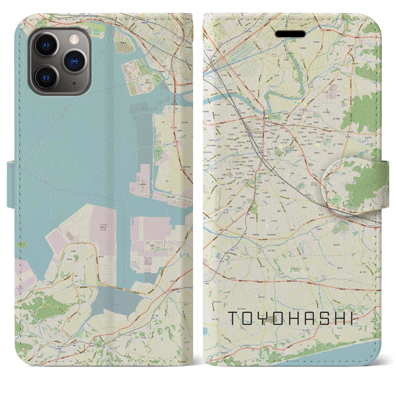 【豊橋(愛知県)】地図柄iPhoneケース(手帳タイプ)ナチュラル・iPhone 11 Pro Max 用