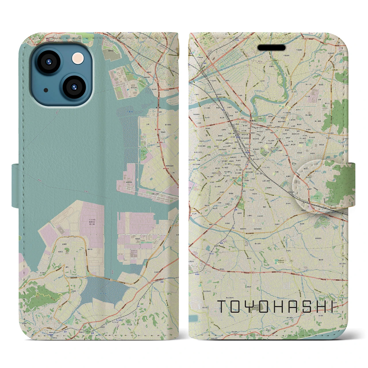 【豊橋(愛知県)】地図柄iPhoneケース(手帳タイプ)ナチュラル・iPhone 13 用