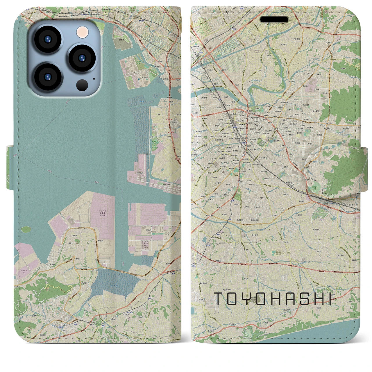 【豊橋(愛知県)】地図柄iPhoneケース(手帳タイプ)ナチュラル・iPhone 13 Pro Max 用