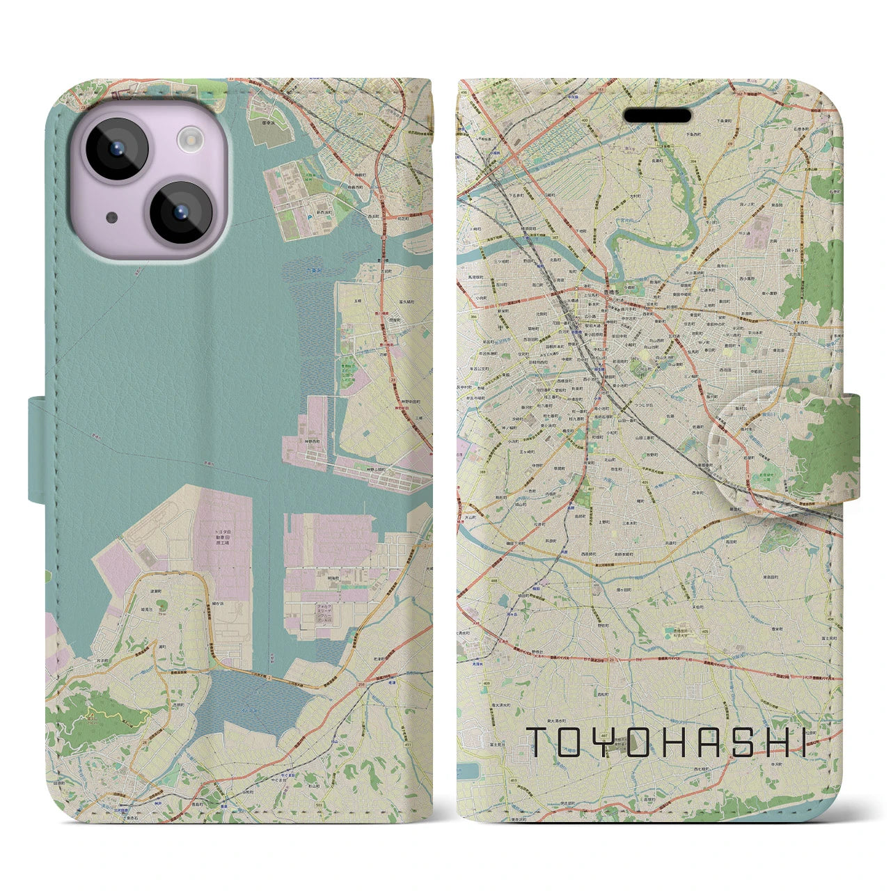 【豊橋(愛知県)】地図柄iPhoneケース(手帳タイプ)ナチュラル・iPhone 14 用