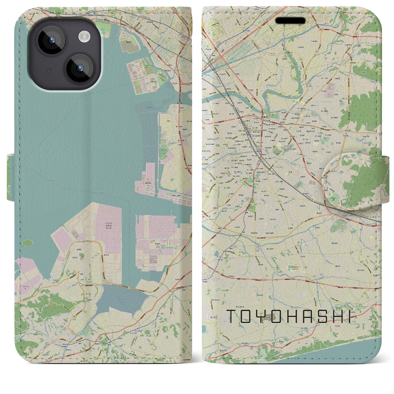 【豊橋(愛知県)】地図柄iPhoneケース(手帳タイプ)ナチュラル・iPhone 14 Plus 用