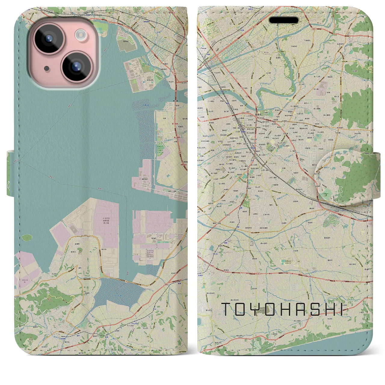 【豊橋(愛知県)】地図柄iPhoneケース(手帳タイプ)ナチュラル・iPhone 15 Plus 用