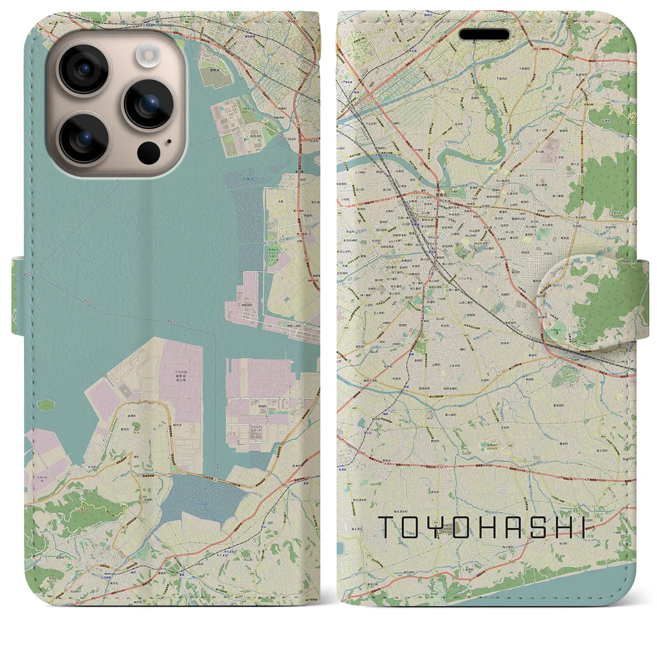 【豊橋(愛知県)】地図柄iPhoneケース(手帳タイプ)ナチュラル・iPhone 16 Plus 用