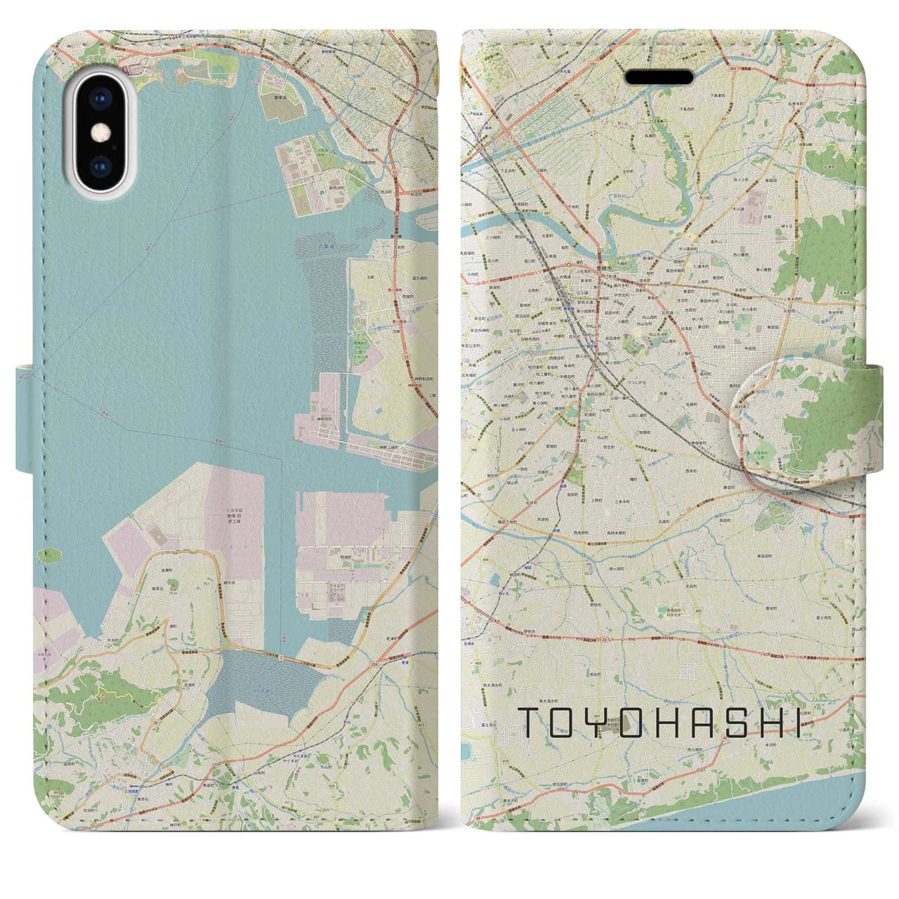【豊橋(愛知県)】地図柄iPhoneケース(手帳タイプ)ナチュラル・iPhone XS Max 用