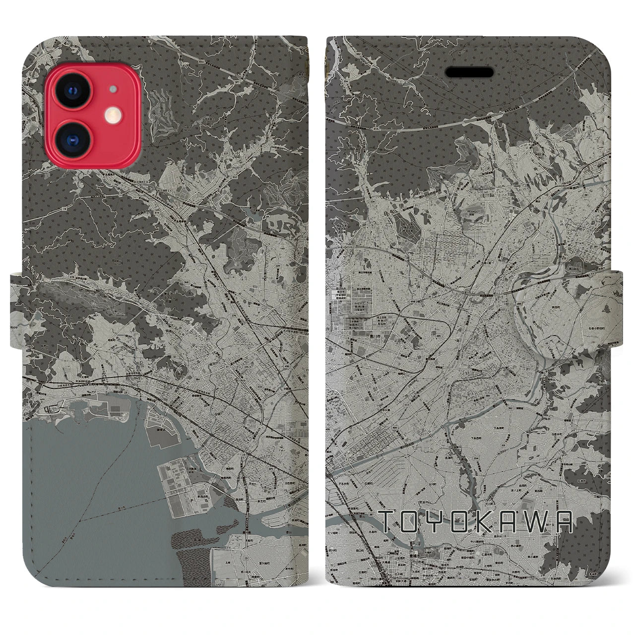 【豊川(愛知県)】地図柄iPhoneケース(手帳タイプ)モノトーン・iPhone 11 用