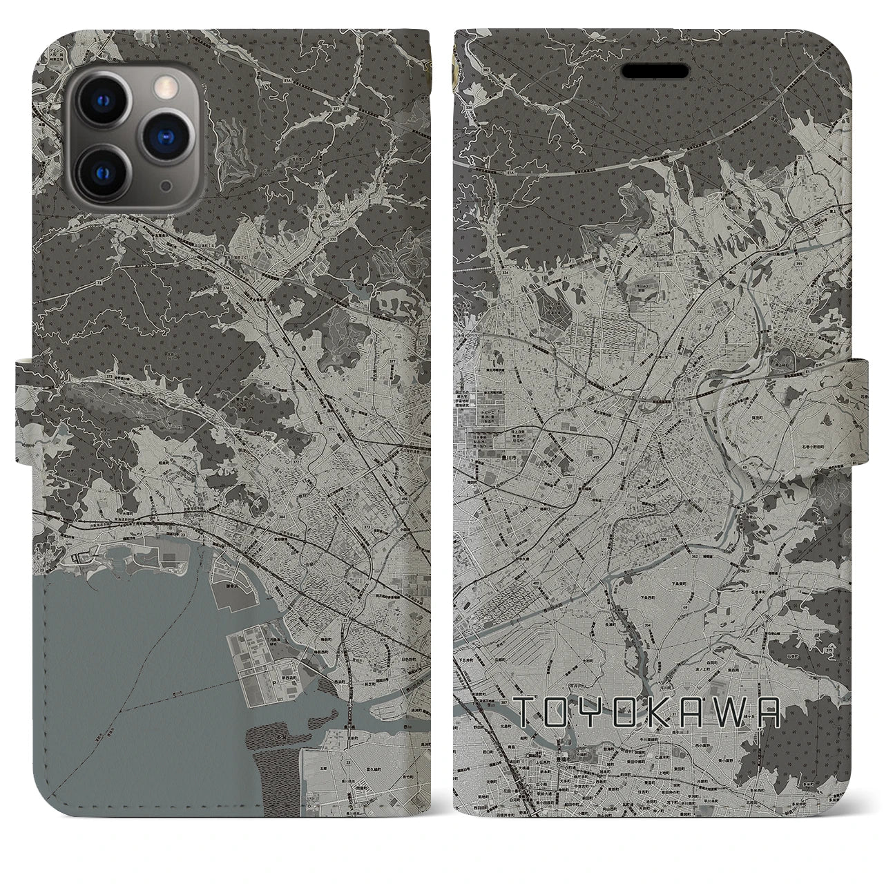 【豊川(愛知県)】地図柄iPhoneケース(手帳タイプ)モノトーン・iPhone 11 Pro Max 用