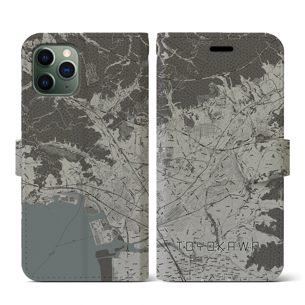 【豊川(愛知県)】地図柄iPhoneケース(手帳タイプ)モノトーン・iPhone 11 Pro 用