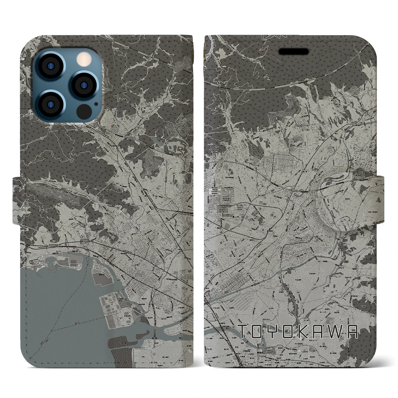 【豊川(愛知県)】地図柄iPhoneケース(手帳タイプ)モノトーン・iPhone 12 / 12 Pro 用