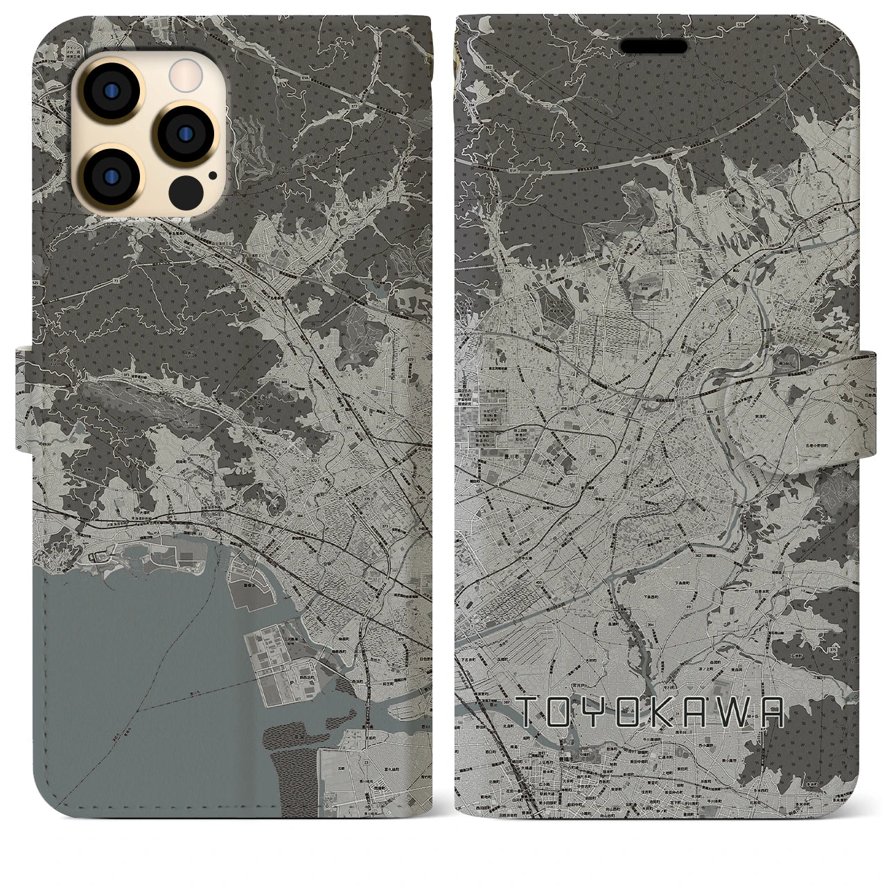 【豊川(愛知県)】地図柄iPhoneケース(手帳タイプ)モノトーン・iPhone 12 Pro Max 用