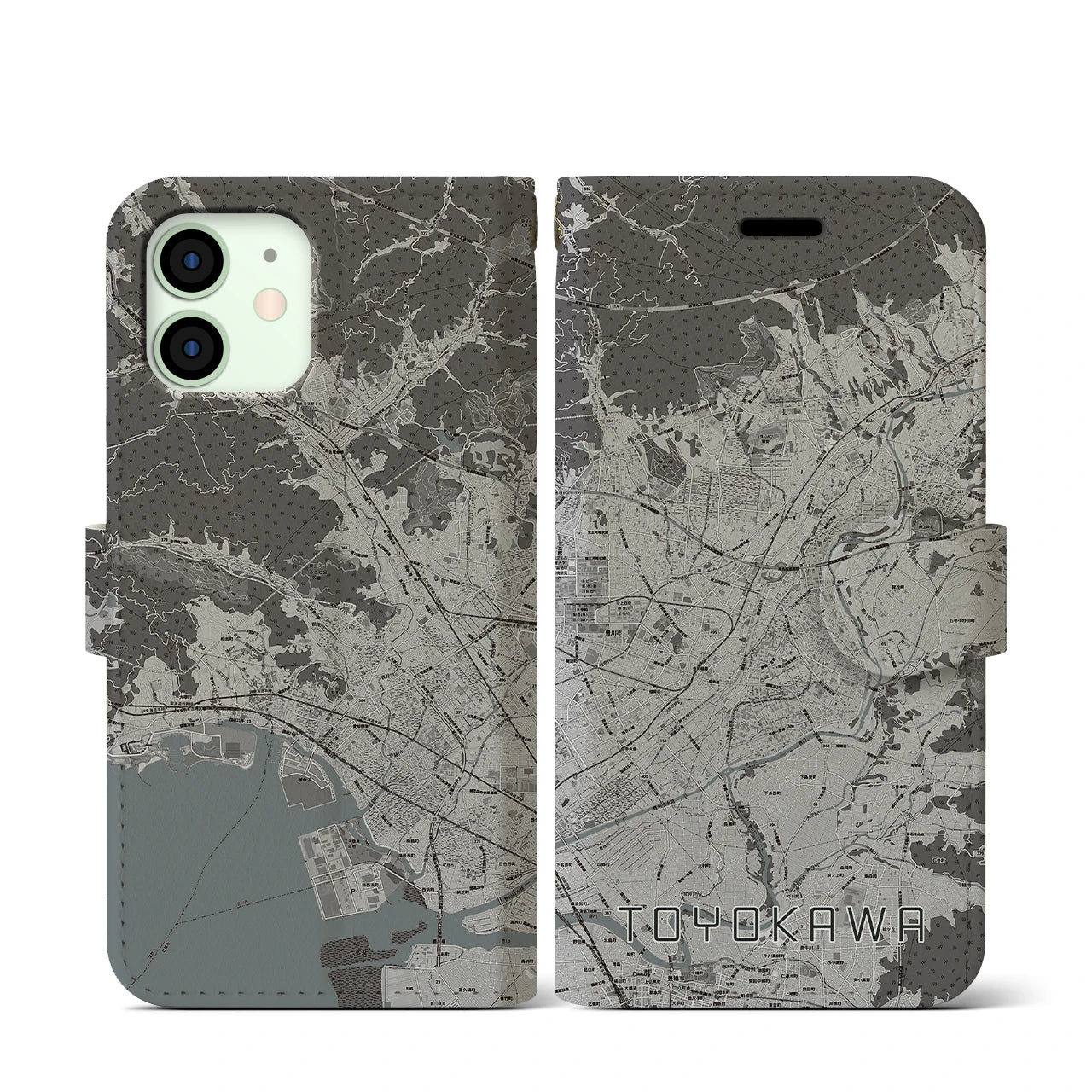 【豊川(愛知県)】地図柄iPhoneケース(手帳タイプ)モノトーン・iPhone 12 mini 用