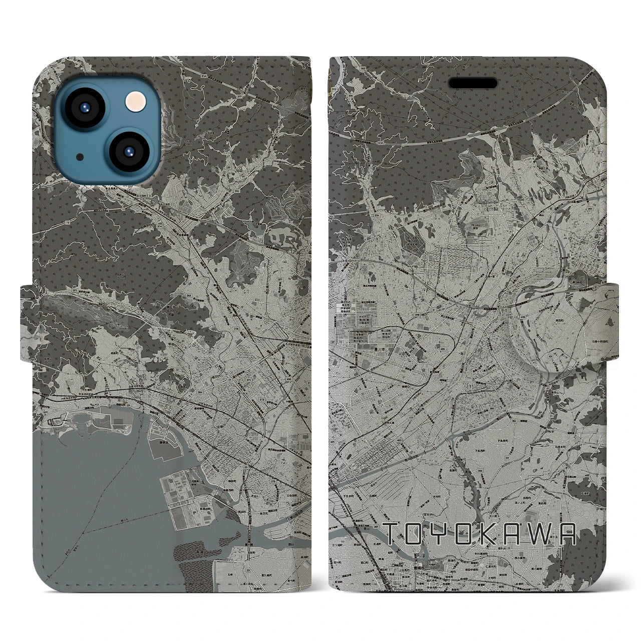 【豊川(愛知県)】地図柄iPhoneケース(手帳タイプ)モノトーン・iPhone 13 用
