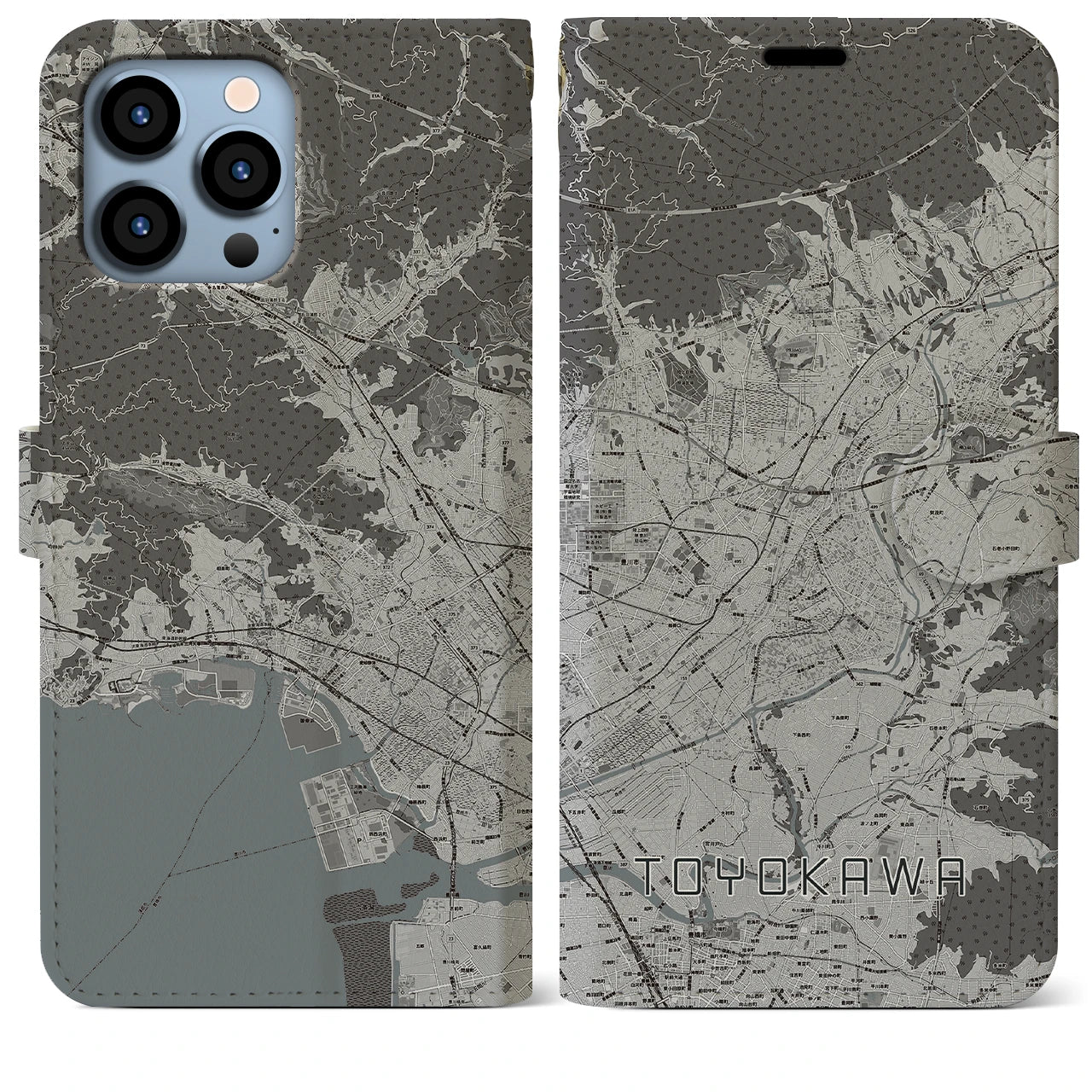 【豊川(愛知県)】地図柄iPhoneケース(手帳タイプ)モノトーン・iPhone 13 Pro Max 用