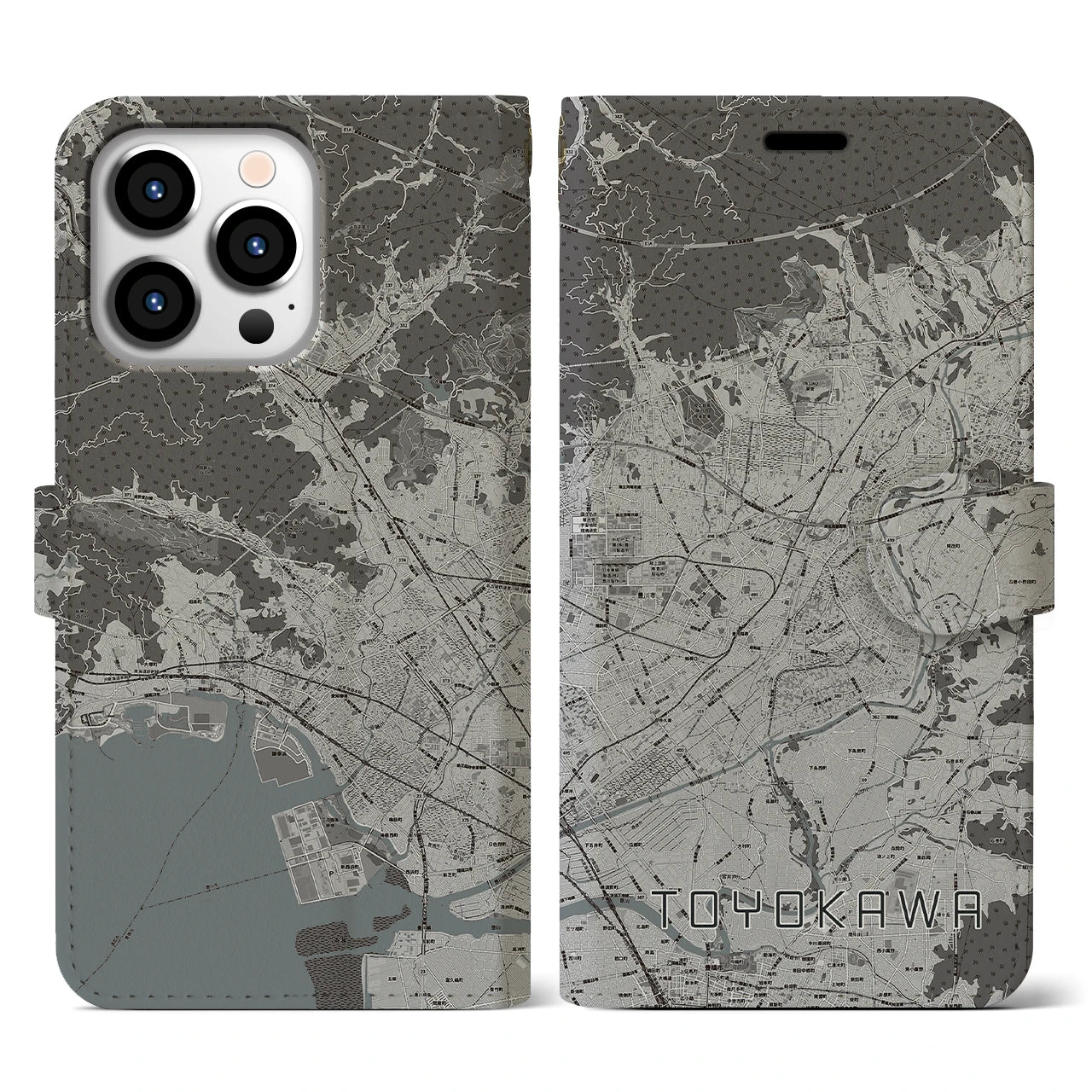 【豊川(愛知県)】地図柄iPhoneケース(手帳タイプ)モノトーン・iPhone 13 Pro 用