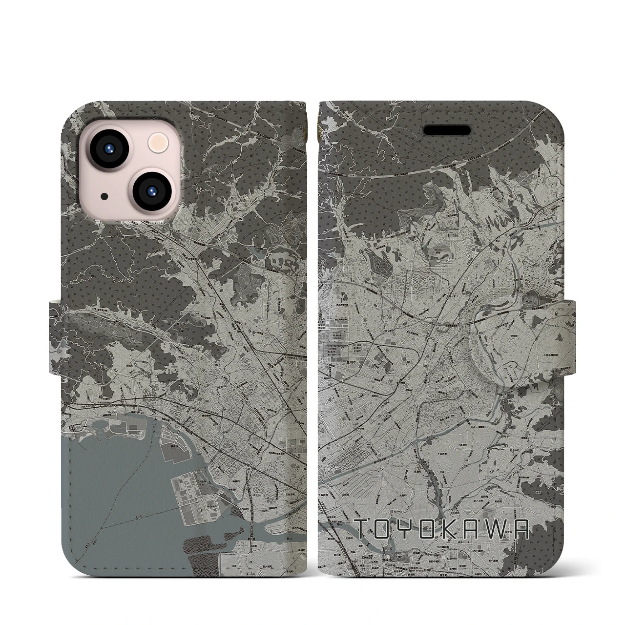 【豊川(愛知県)】地図柄iPhoneケース(手帳タイプ)モノトーン・iPhone 13 mini 用