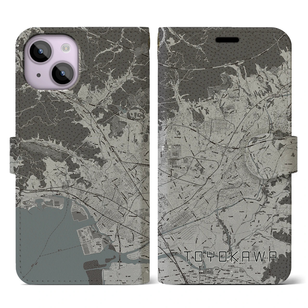 【豊川(愛知県)】地図柄iPhoneケース(手帳タイプ)モノトーン・iPhone 14 用