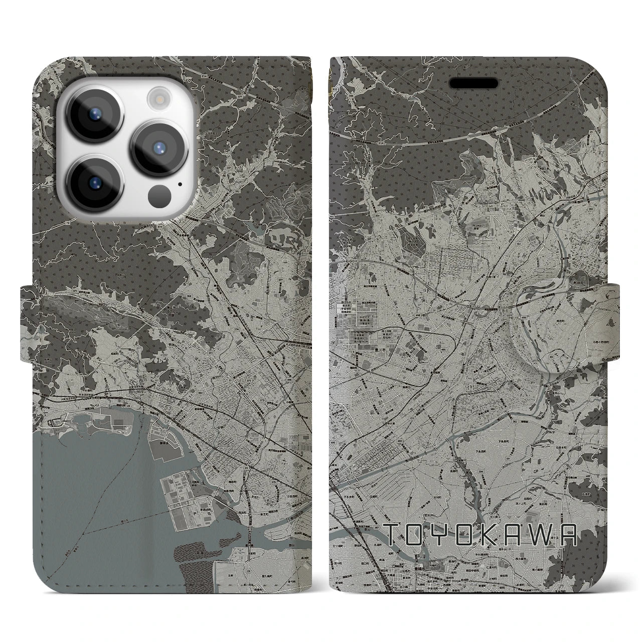 【豊川(愛知県)】地図柄iPhoneケース(手帳タイプ)モノトーン・iPhone 14 Pro 用