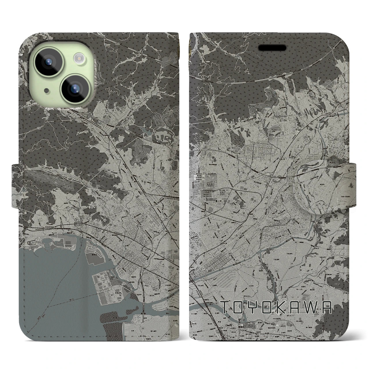 【豊川(愛知県)】地図柄iPhoneケース(手帳タイプ)モノトーン・iPhone 15 用