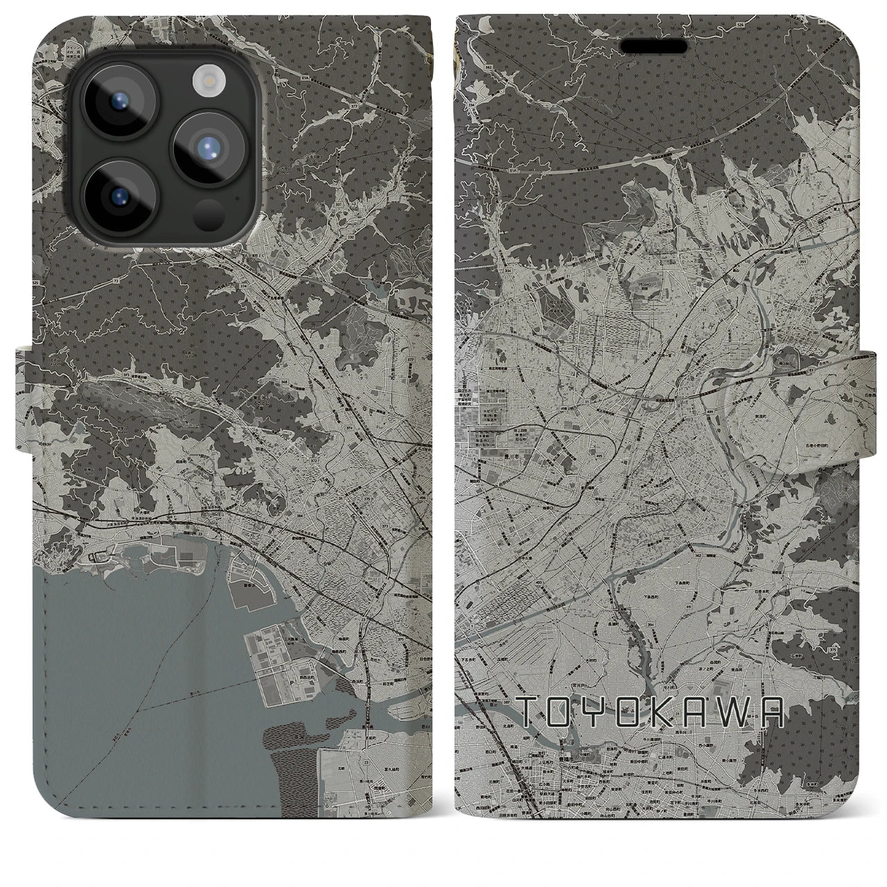 【豊川(愛知県)】地図柄iPhoneケース(手帳タイプ)モノトーン・iPhone 15 Pro Max 用