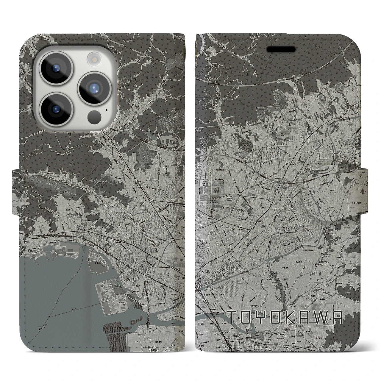 【豊川(愛知県)】地図柄iPhoneケース(手帳タイプ)モノトーン・iPhone 15 Pro 用