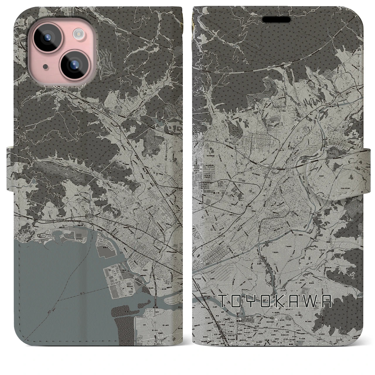 【豊川(愛知県)】地図柄iPhoneケース(手帳タイプ)モノトーン・iPhone 15 Plus 用