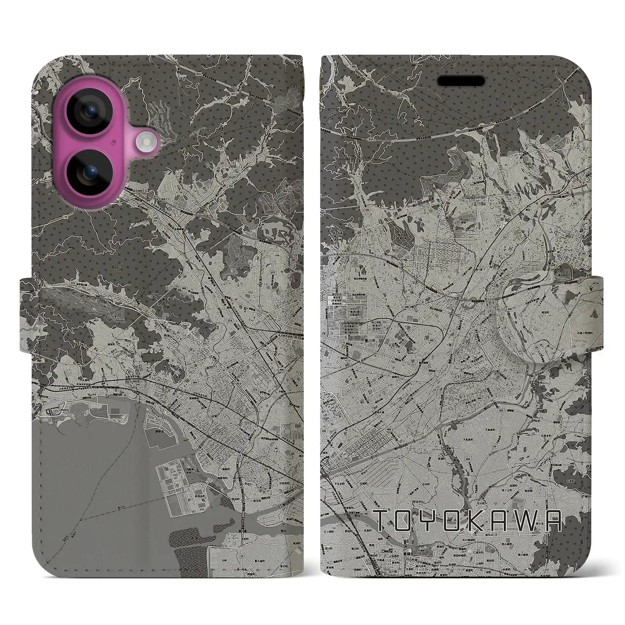 【豊川(愛知県)】地図柄iPhoneケース(手帳タイプ)モノトーン・iPhone 16 Pro 用