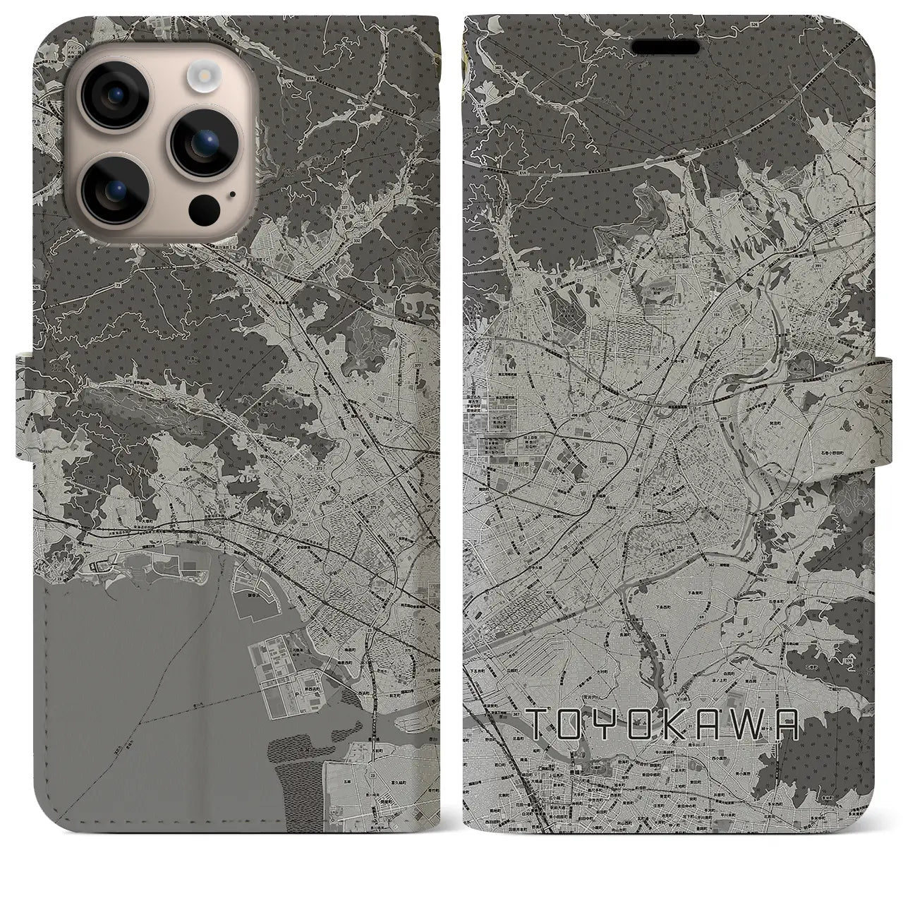 【豊川(愛知県)】地図柄iPhoneケース(手帳タイプ)モノトーン・iPhone 16 Plus 用