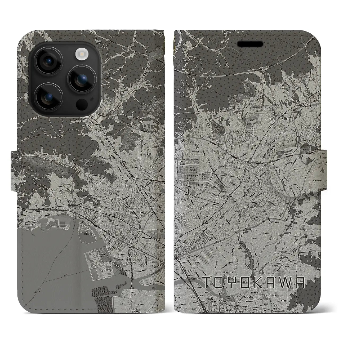 【豊川(愛知県)】地図柄iPhoneケース(手帳タイプ)モノトーン・iPhone 16 用