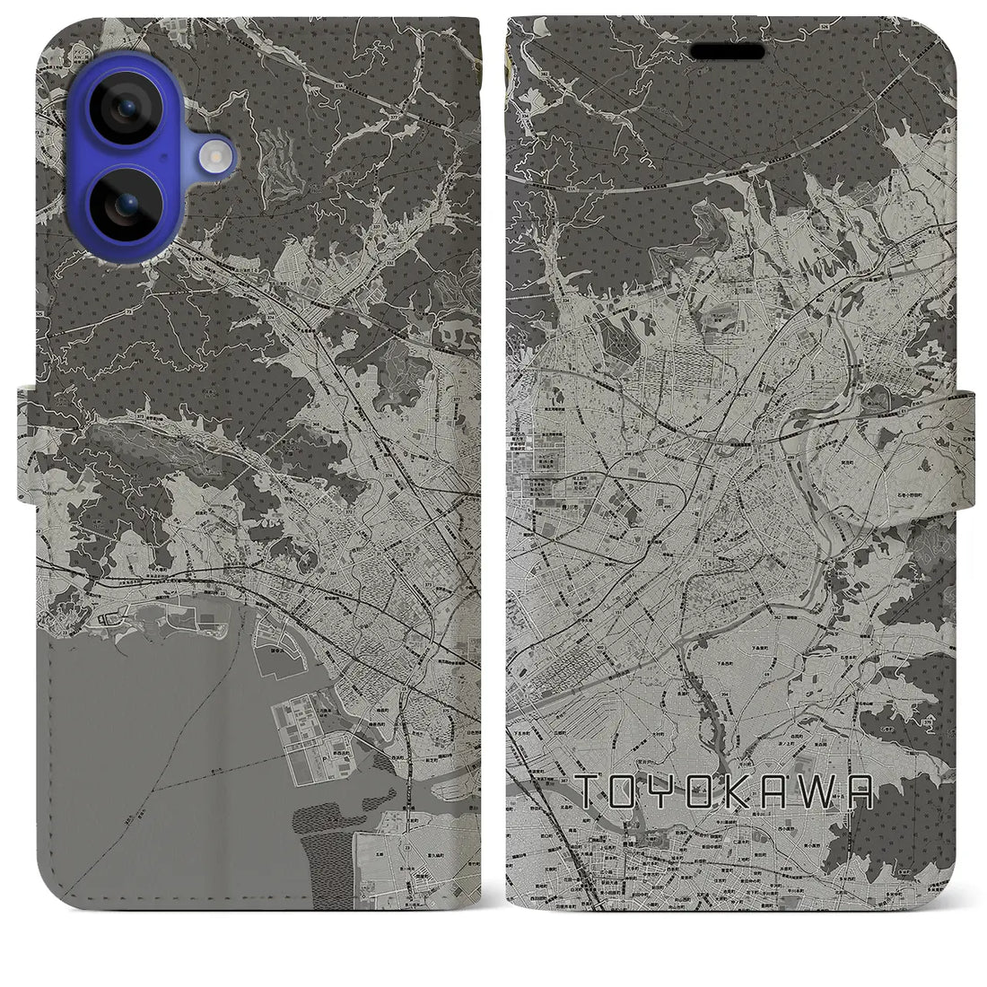 【豊川(愛知県)】地図柄iPhoneケース(手帳タイプ)モノトーン・iPhone 16 Pro Max 用