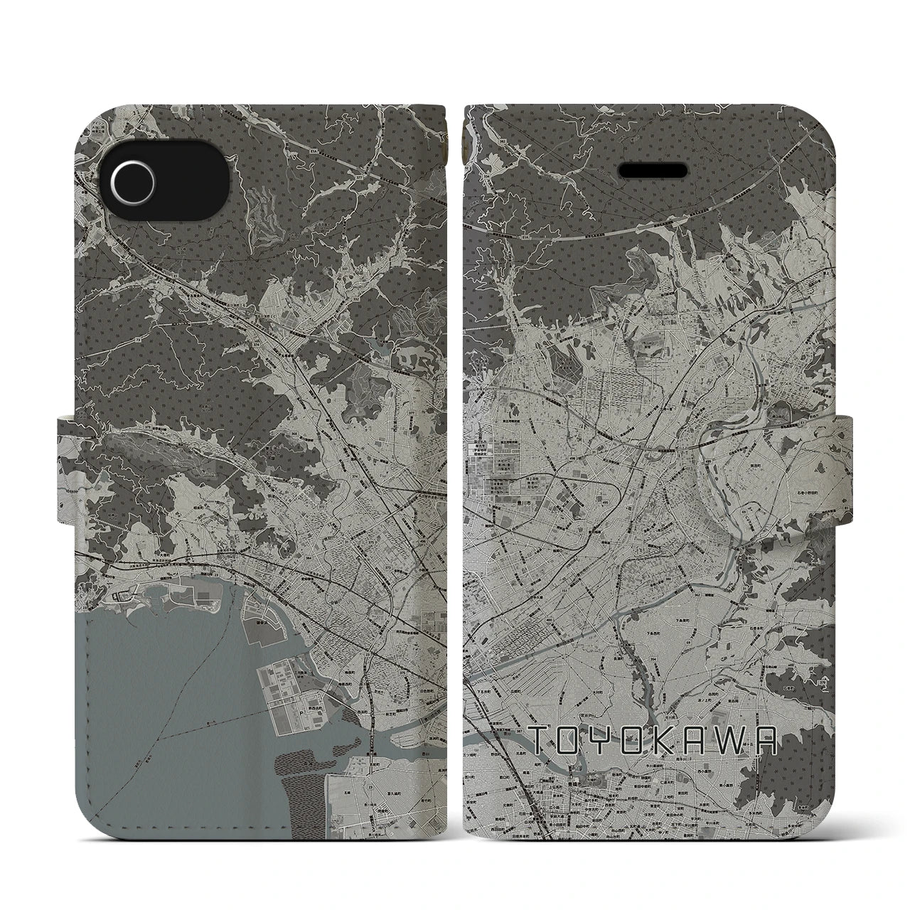 【豊川(愛知県)】地図柄iPhoneケース(手帳タイプ)モノトーン・iPhone SE(第3 / 第2世代) / 8 / 7 / 6s / 6 用